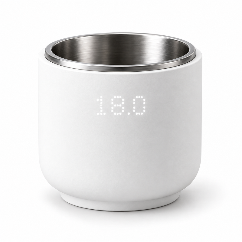 Yozcoffee mini digital coffee weighing cup in matte white on a white background