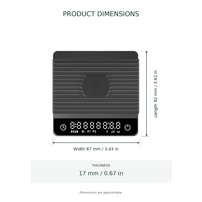 Yozcoffee mini coffee scale dimensions: length 92 mm, width 87 mm and thickness 17 mm, with inch equivalents