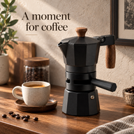 Black thermostat moka pot with walnut handle in a home coffee corner