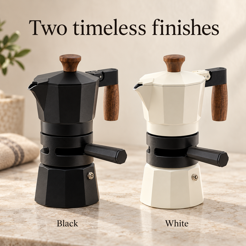 Black and white 150ml moka pots with black thermostats