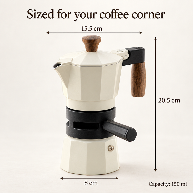 Thermostat moka pot dimensions: 20.5cm high, 15.5cm wide and 8cm base