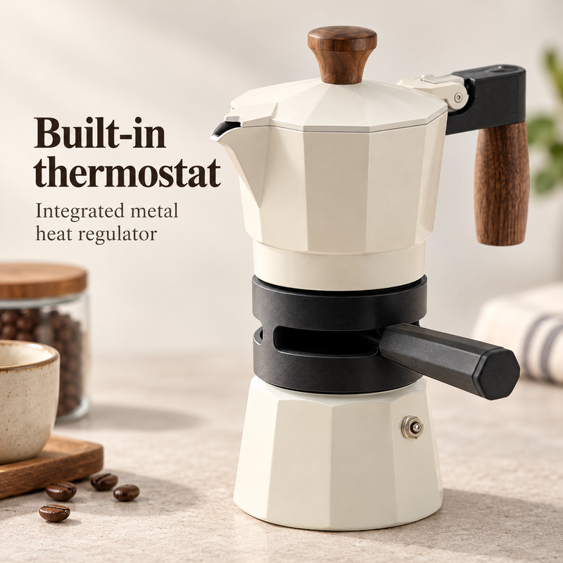 Close-up of the black metal thermostat collar on the white moka pot