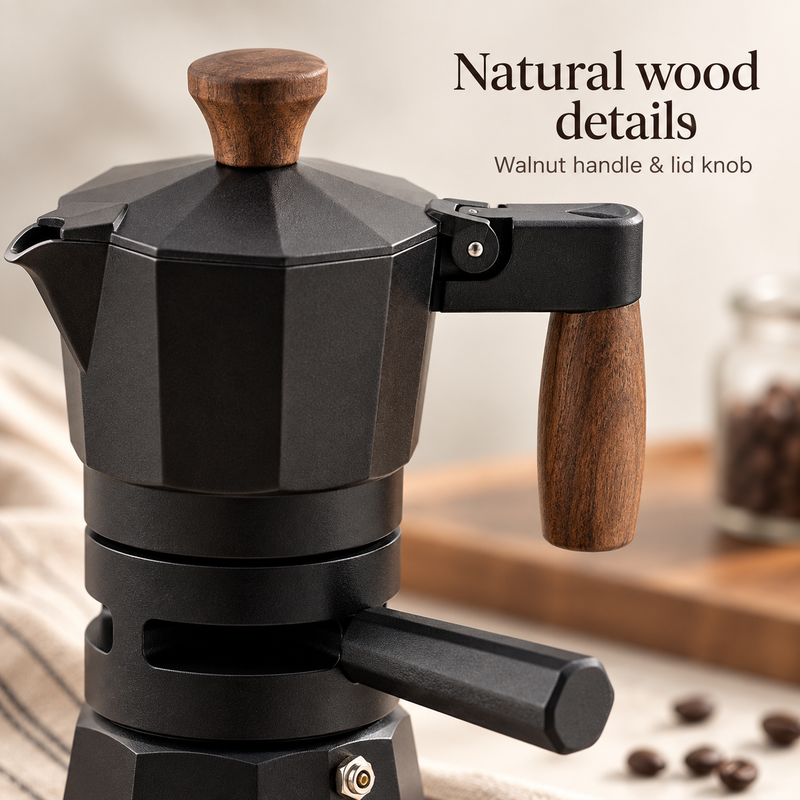 Walnut handle and lid knob on the black moka pot