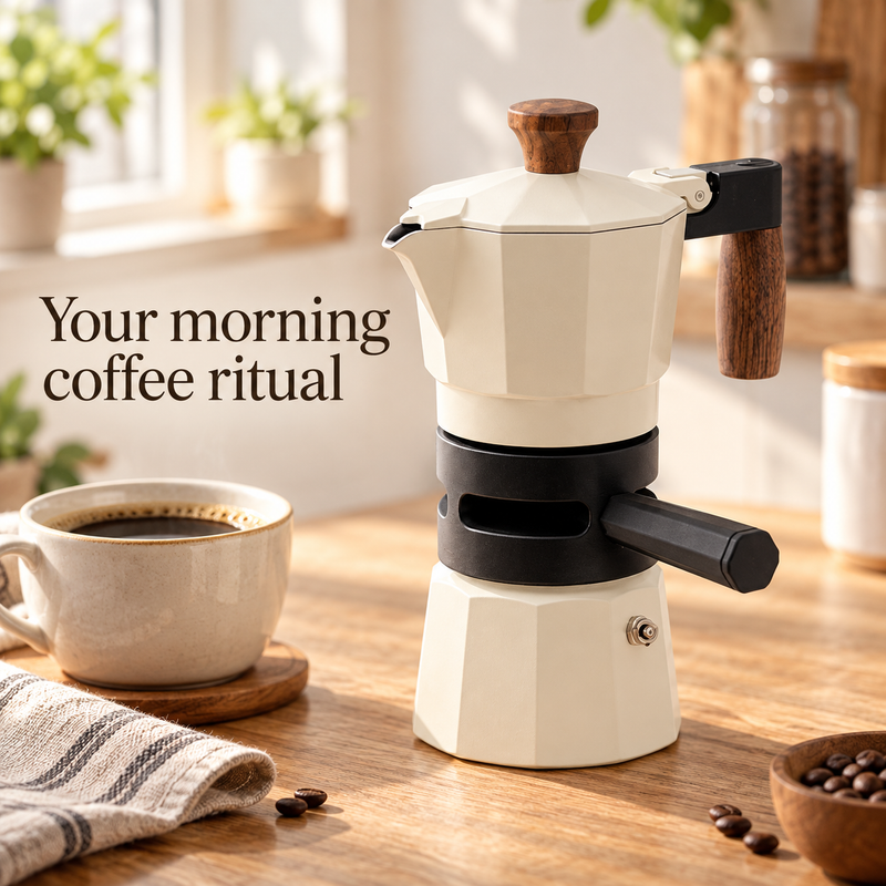 White thermostat moka pot beside a coffee cup in a sunlit kitchen