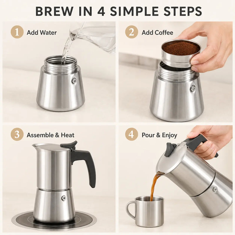 Cafetera italiana de acero inoxidable – 200/300 ml, apta para inducción - imagen del producto