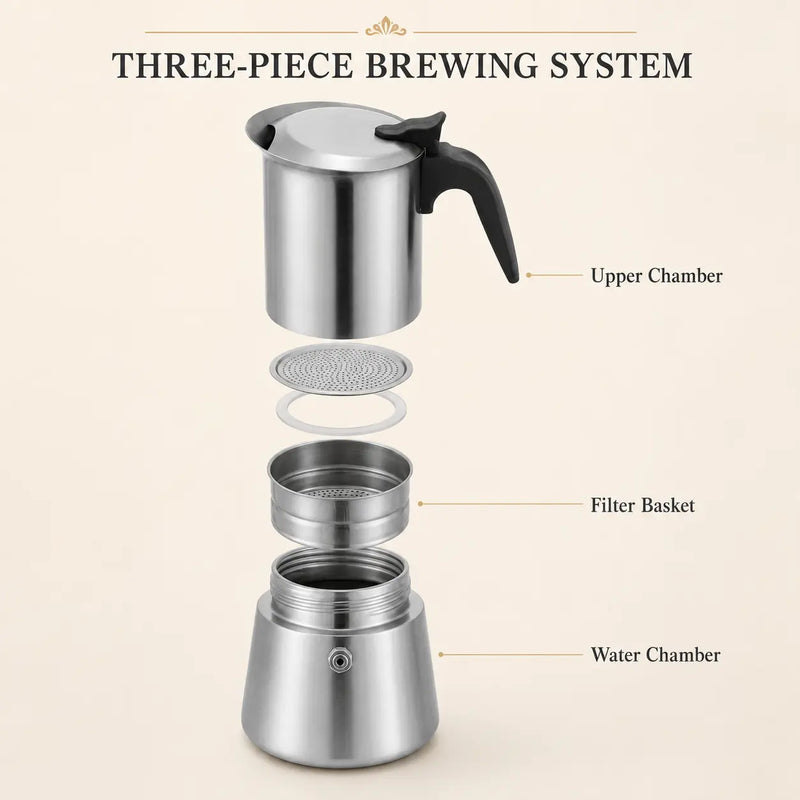 Cafetera italiana de acero inoxidable – 200/300 ml, apta para inducción - imagen del producto
