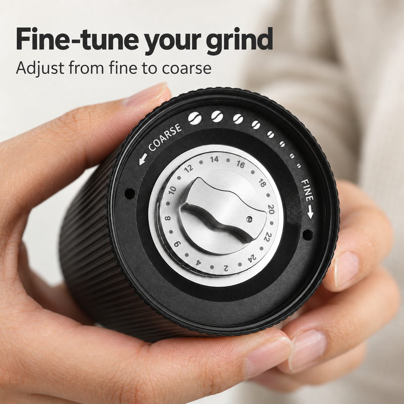 Numbered fine-to-coarse adjustment dial beneath the Yozcoffee NB2024 grinding chamber