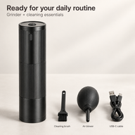 Black Yozcoffee NB2024 grinder with cleaning brush, air blower and USB-C charging cable
