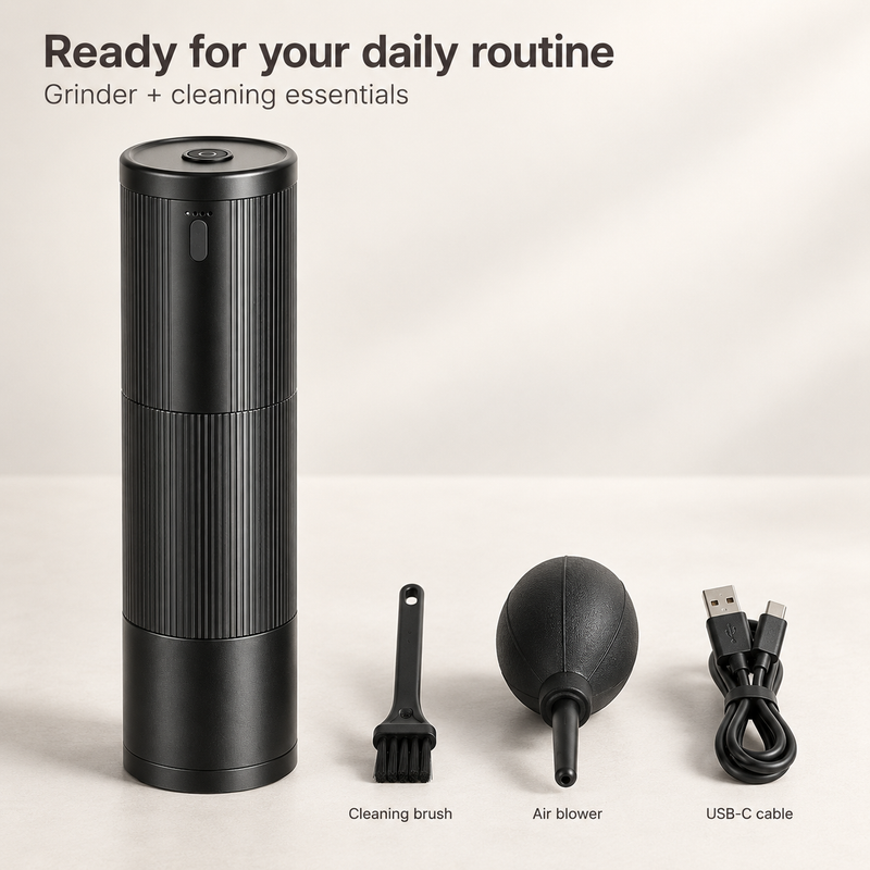 Black Yozcoffee NB2024 grinder with cleaning brush, air blower and USB-C charging cable