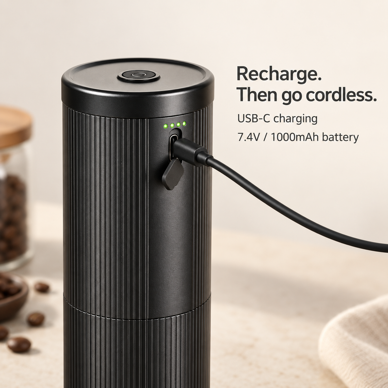 USB-C charging port and four indicator lights on the black Yozcoffee NB2024 grinder with 7.4V 1000mAh battery
