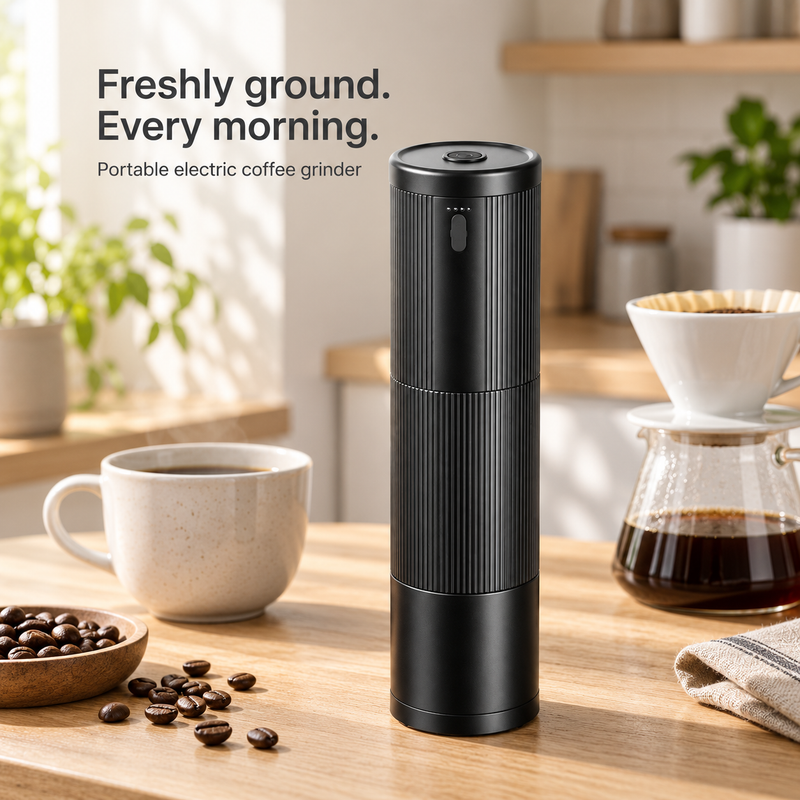 Yozcoffee NB2024 black cordless coffee grinder beside a pour-over brewer and ceramic cup on a kitchen counter