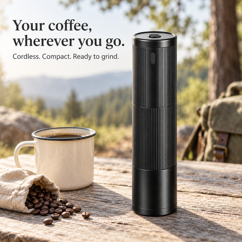 Yozcoffee NB2024 black portable electric grinder with coffee cup on an outdoor wooden table