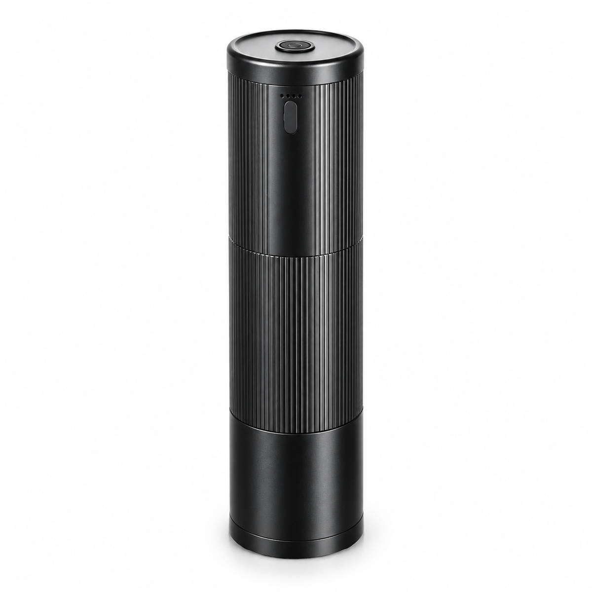 Yozcoffee NB2024 black portable electric coffee grinder with ribbed metal body on a white background