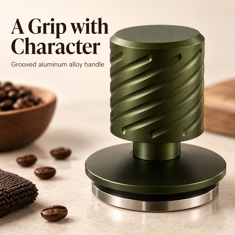 Close-up of the diagonal grooves on the dark olive green aluminum alloy tamper handle