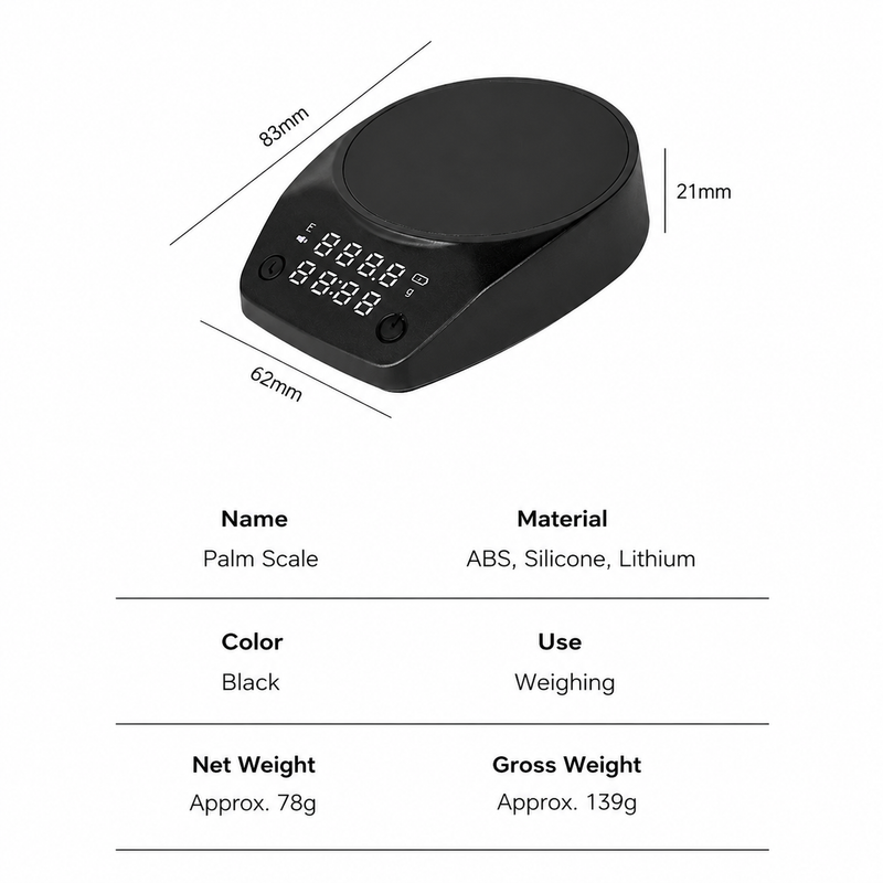 Yozcoffee palm espresso coffee scale spec sheet showing black color, ABS and silicone body, and 83 x 62 x 21 mm size