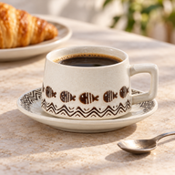 Taza y platillo de cerámica estampada: servicio de café Peces y olas marfil