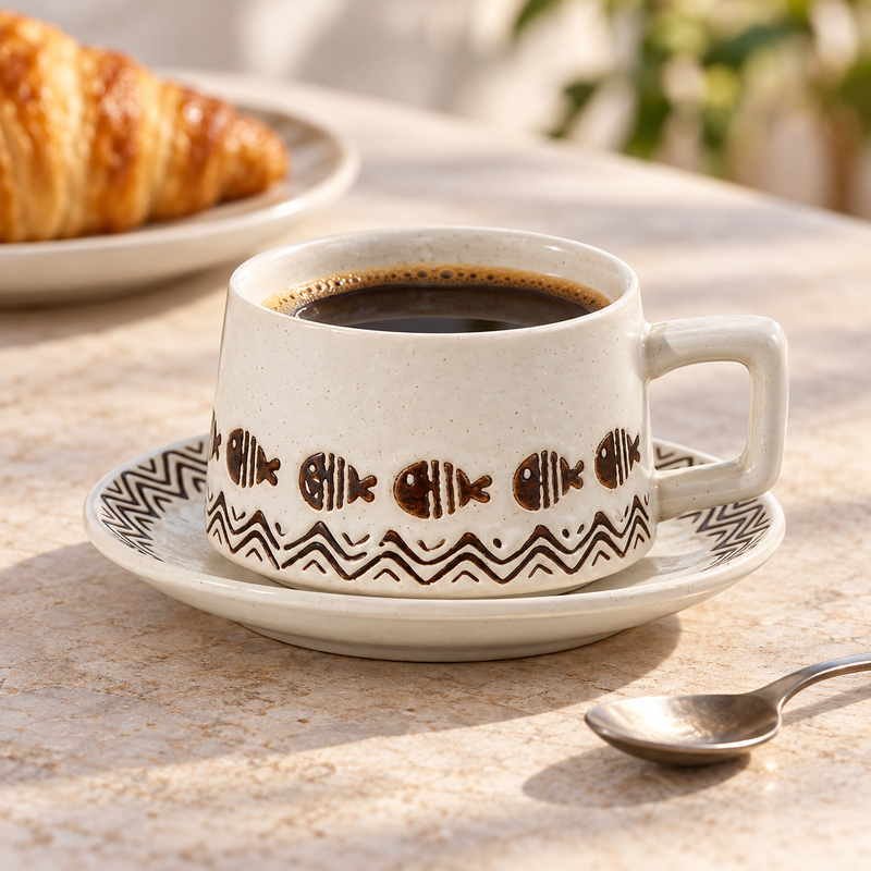 Taza y platillo de cerámica estampada: servicio de café Peces y olas marfil