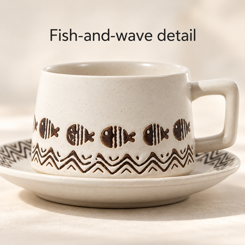 Taza y platillo de cerámica estampada: primer plano del motivo de peces y olas