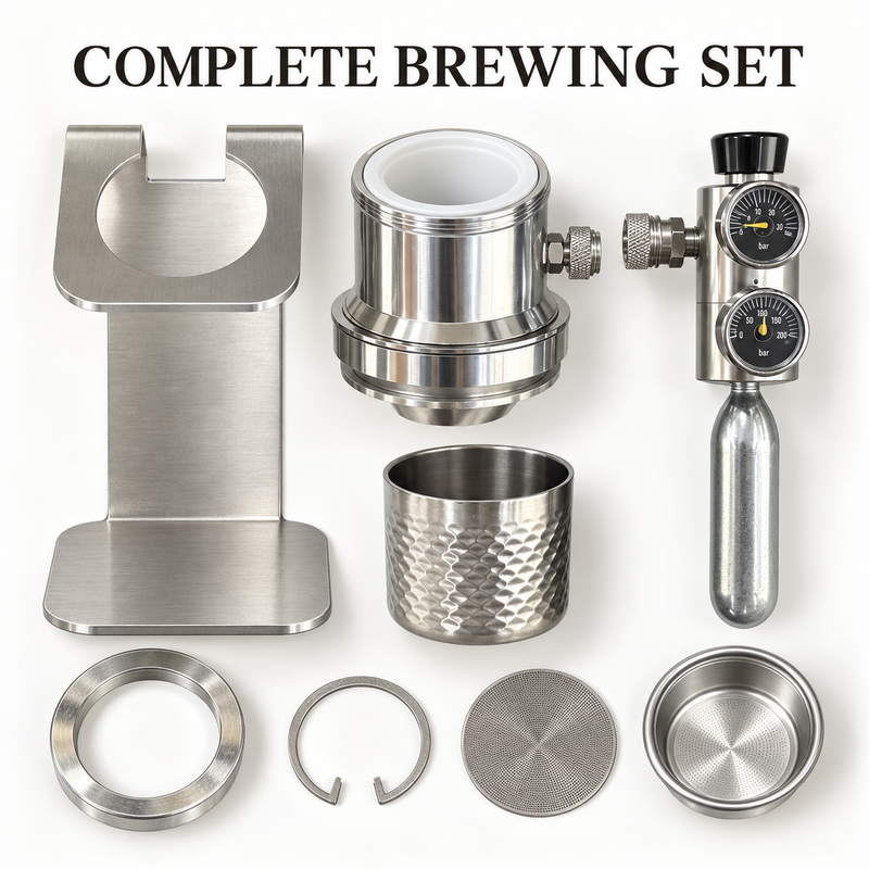 Pneumatic espresso maker set with stand, chamber, dual-gauge regulator, cup and 58 mm basket
