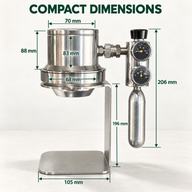 Pneumatic espresso maker dimension diagram with chamber, stand, base and regulator measurements
