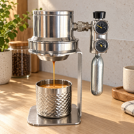 Pneumatic espresso maker extracting one centered stream into a stainless steel cup in a home kitchen