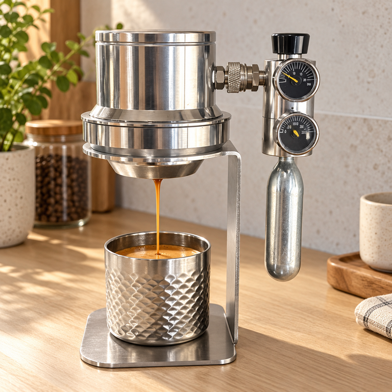 Pneumatic espresso maker extracting one centered stream into a stainless steel cup in a home kitchen