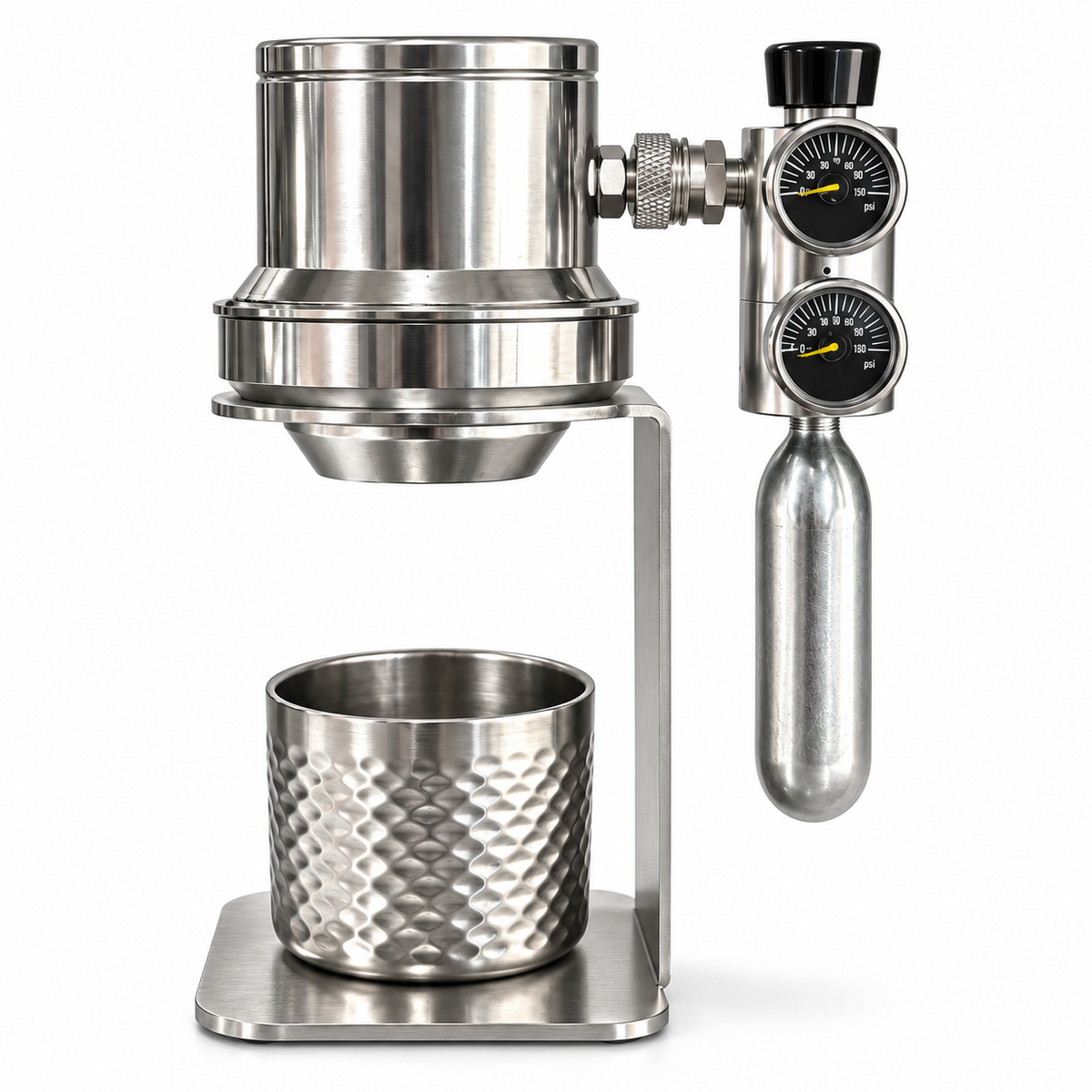 Yozcoffee pneumatic espresso maker standing upright with dual-gauge regulator and stainless steel cup