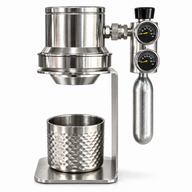 Yozcoffee pneumatic espresso maker standing upright with dual-gauge regulator and stainless steel cup