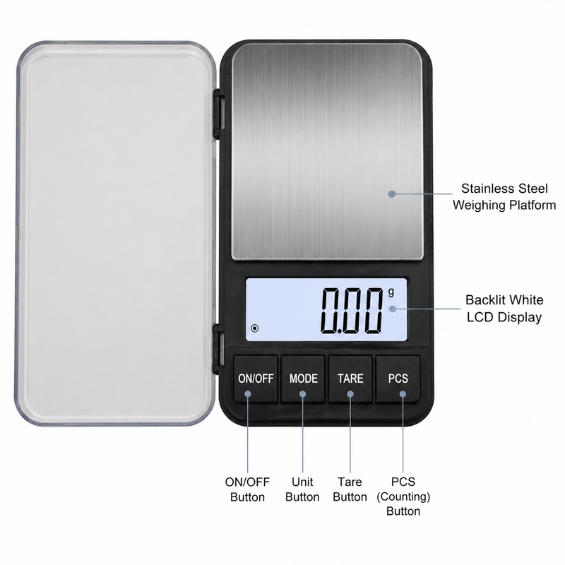 Yozcoffee pocket coffee scale with labeled buttons stainless steel platform and backlit display