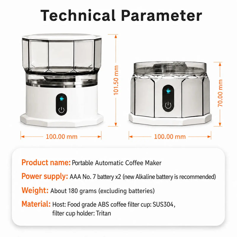 Portable Automatic Coffee Maker – 160ml Cordless Drip Brewer – specifications infographic