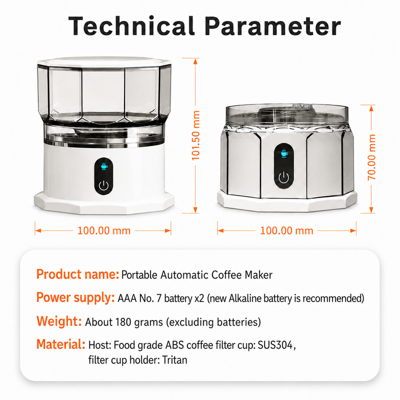Yozcoffee portable automatic coffee maker technical parameters with 100mm size and AAA battery power