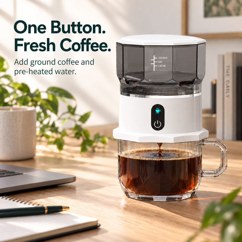 Portable automatic drip coffee maker brewing with one button on a home office desk