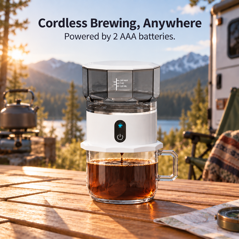 Cordless automatic drip coffee maker powered by two AAA batteries at a campsite