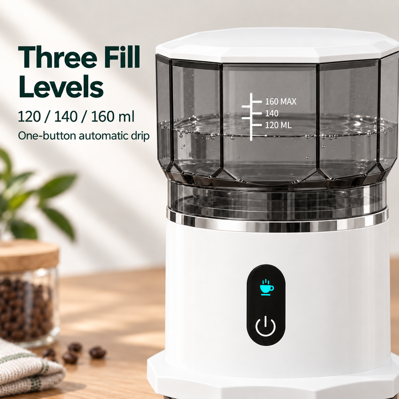 Automatic drip coffee maker water tank with 120, 140 and 160 ml fill levels
