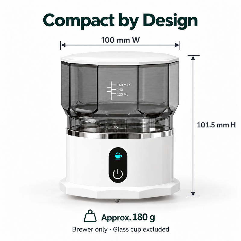 Portable automatic drip coffee maker dimensions 100 mm wide by 101.5 mm high