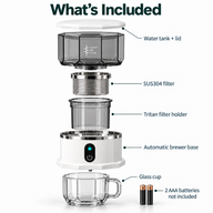 Automatic drip coffee maker parts including water tank, filter, Tritan holder and clear glass cup
