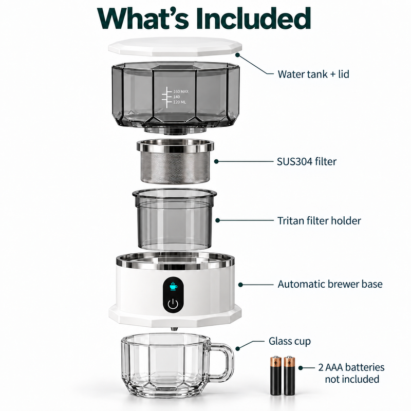 Automatic drip coffee maker parts including water tank, filter, Tritan holder and clear glass cup