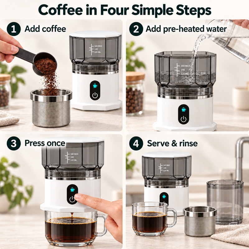 How to use the portable automatic drip coffee maker in four simple steps