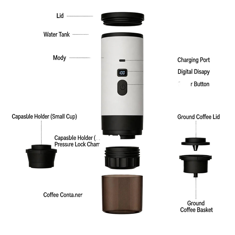 Portable Espresso Maker Brew Capsules or Ground Coffee: exploded parts