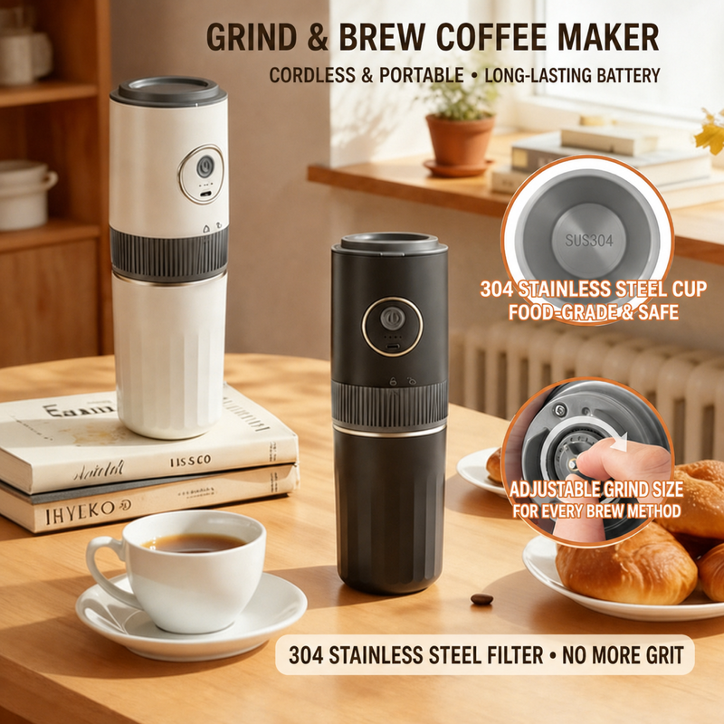 Yozcoffee portable electric coffee grinder and brewer in black and white