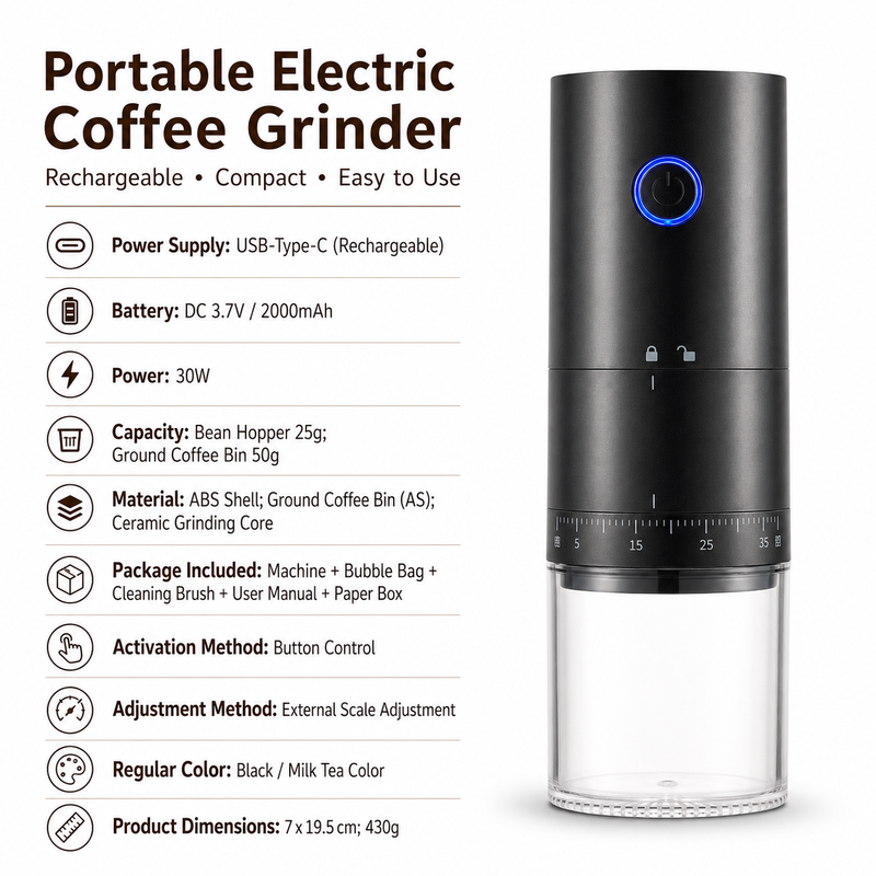 Yozcoffee black portable electric coffee grinder specifications with USB Type-C 2000mAh battery 30W power and ceramic grinding core