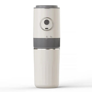 White Yozcoffee portable electric coffee grinder with travel cup