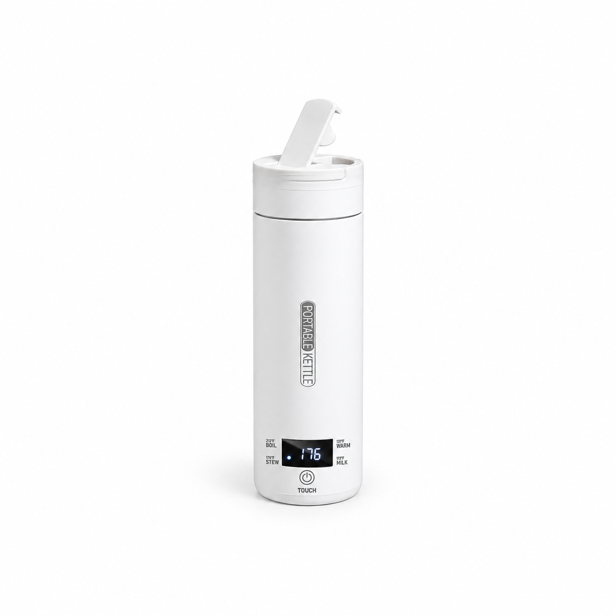 White 500 mL Yozcoffee portable electric travel kettle with flip-top lid on a white background