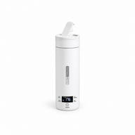 White 500 mL Yozcoffee portable electric travel kettle with flip-top lid on a white background