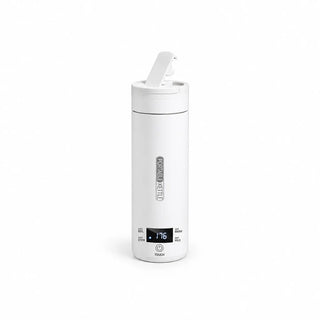 White 500 mL Yozcoffee portable electric travel kettle with flip-top lid on a white background