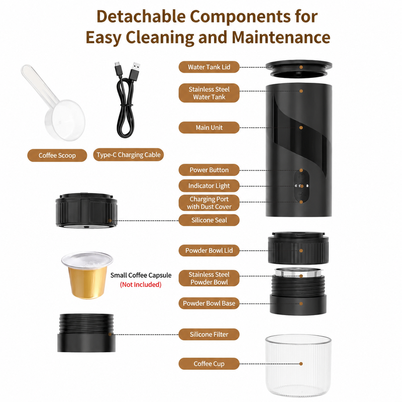Yozcoffee 2-in-1 portable espresso maker parts with the included scoop and USB-C charging cable