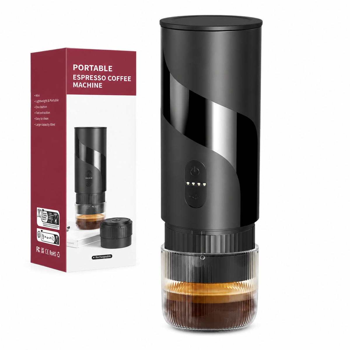 Yozcoffee 2-in-1 portable espresso maker beside the retail packaging with espresso in the integrated cup