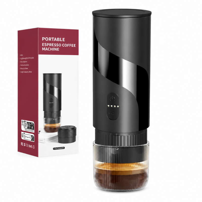 Yozcoffee 2-in-1 portable espresso maker beside the retail packaging with espresso in the integrated cup