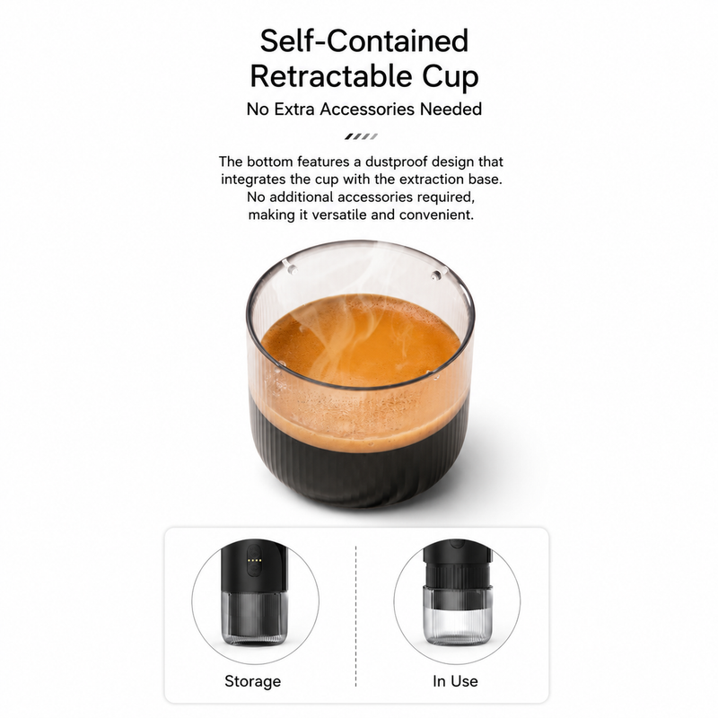 Yozcoffee portable espresso maker showing the self-contained retractable cup