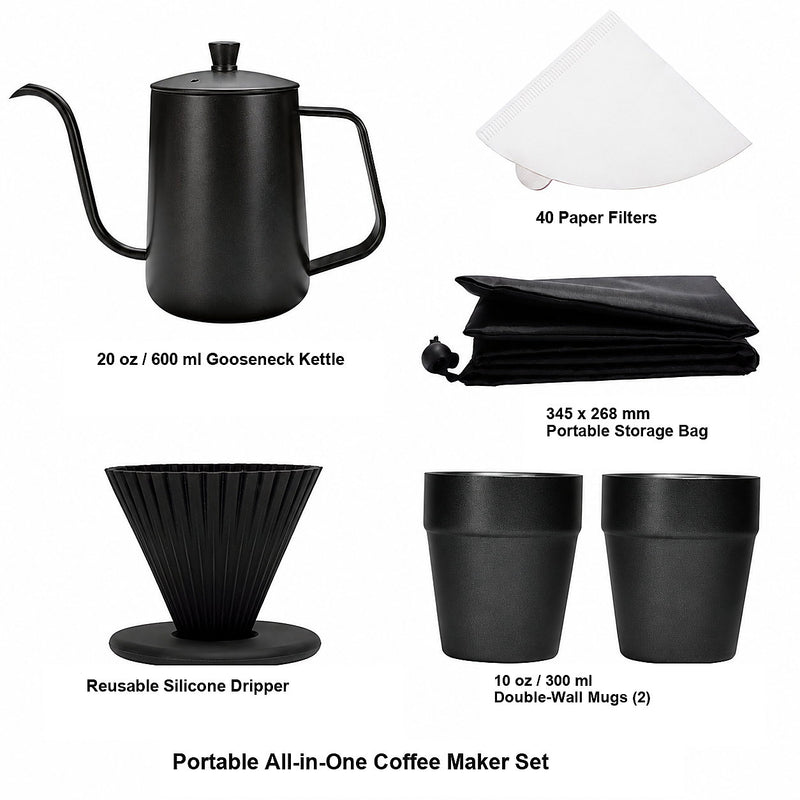 Yozcoffee portable pour over coffee maker set components including kettle filters storage bag dripper and two mugs